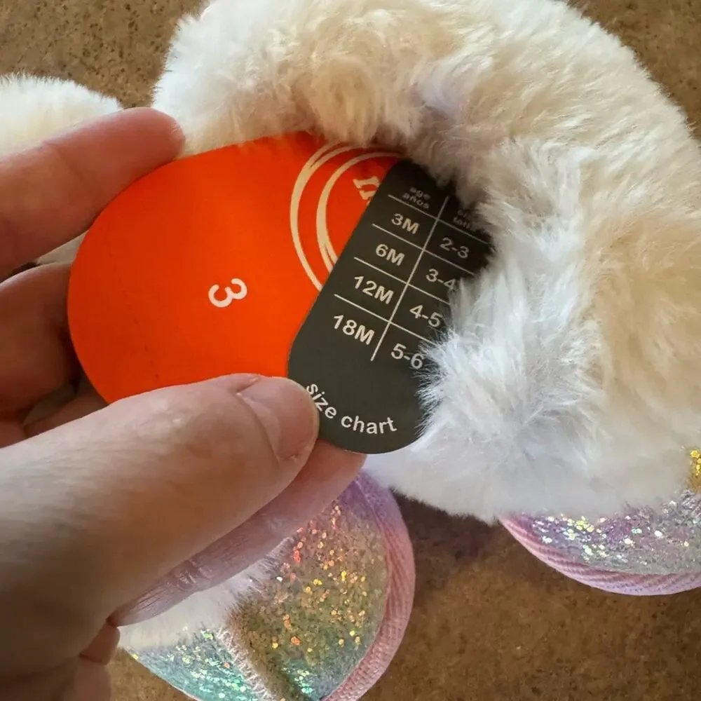 Adorable Infant Glitter Faux Fur Lined Slippers in Pastel Rainbow 3 Cozy NWTs